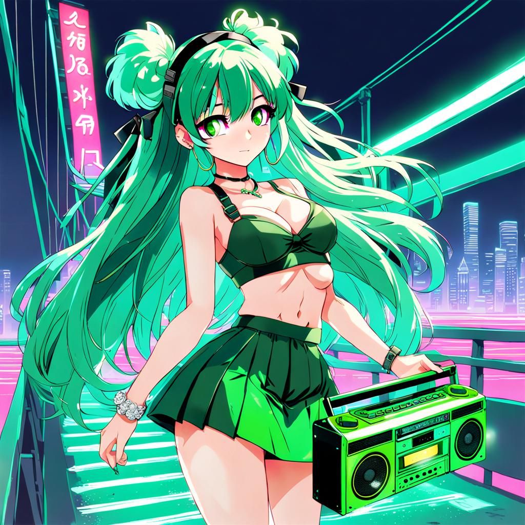 Long Green Hair Girl Lost in the Neon Vaporwave Bridge