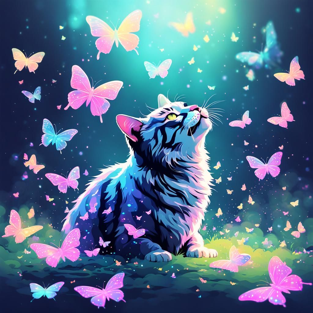 Glitchcore Cat with Butterflies in Serene Light