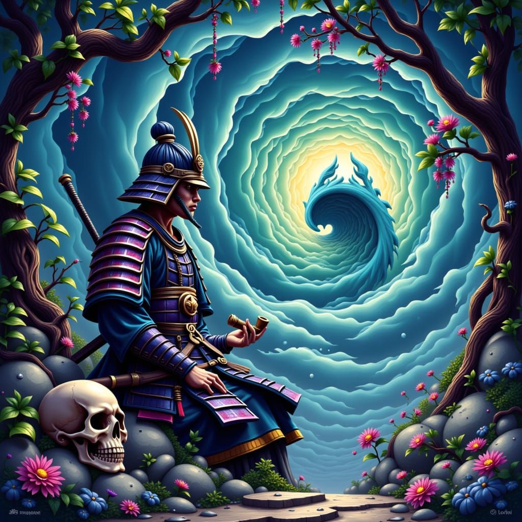 A samurai, wearing traditional Japanese armor, sits in contemplation, a pipe-smoking skull resting on a nearby rock, surrounded by a serene,...
