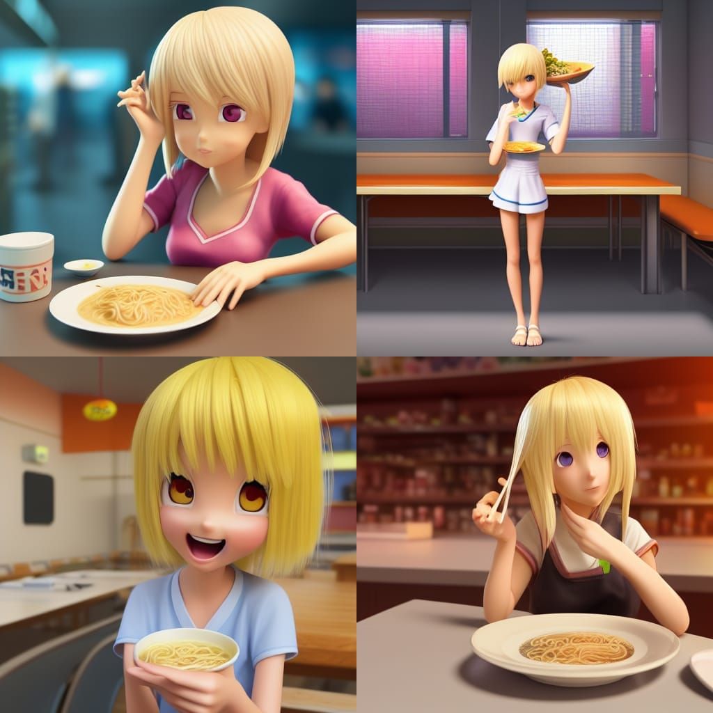 Blonde anime girl ordering ramen