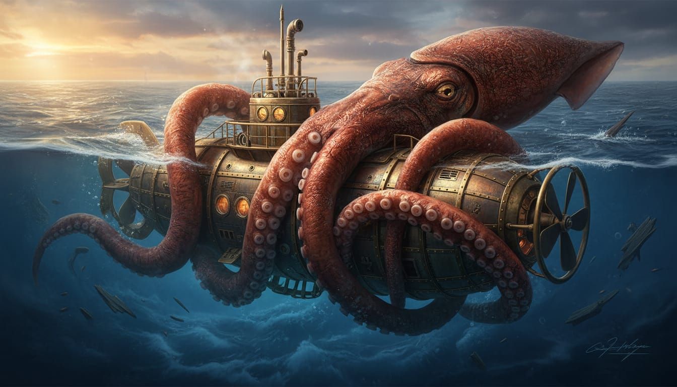 A giant squid has wrapped it tentacles around the front of a steampunk looking submarine  by @Dantonio