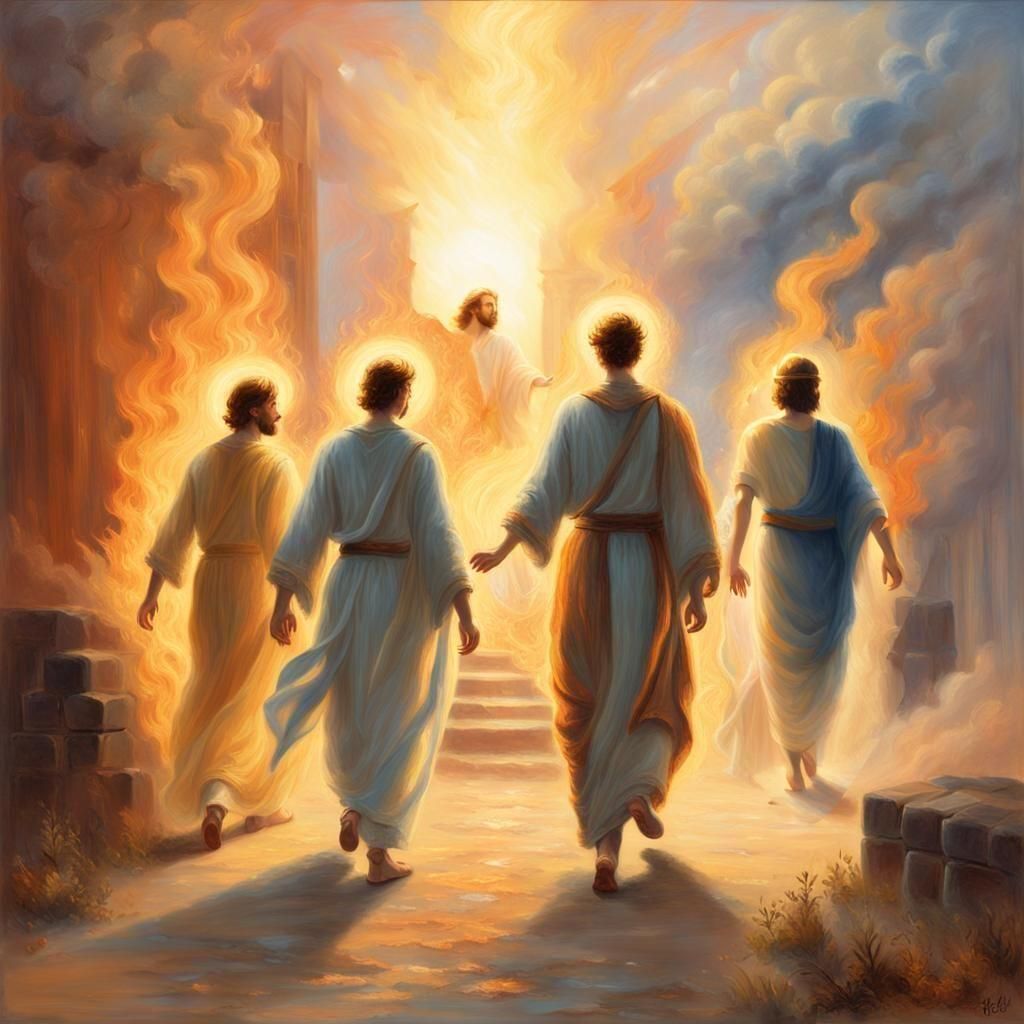 Babylonian Three young men with a man looks like the son of God around his head there is a hallow walking in the burning furnace as if there...