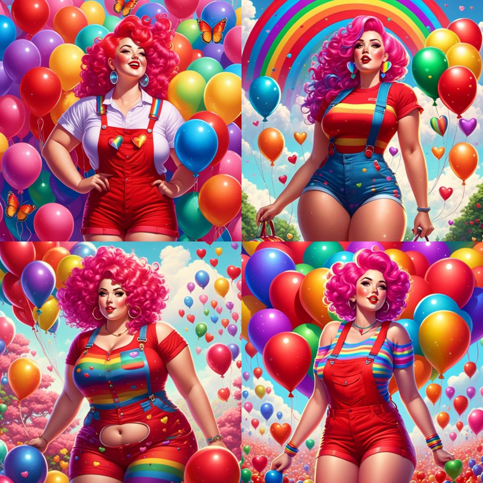 a hyper realistic beautiful chubby woman with rainbow hair and a hourglass  figure, wearing a <lora:Fantasy Fashion 2:1.0> bright red overal... - AI  Generated Artwork - NightCafe Creator