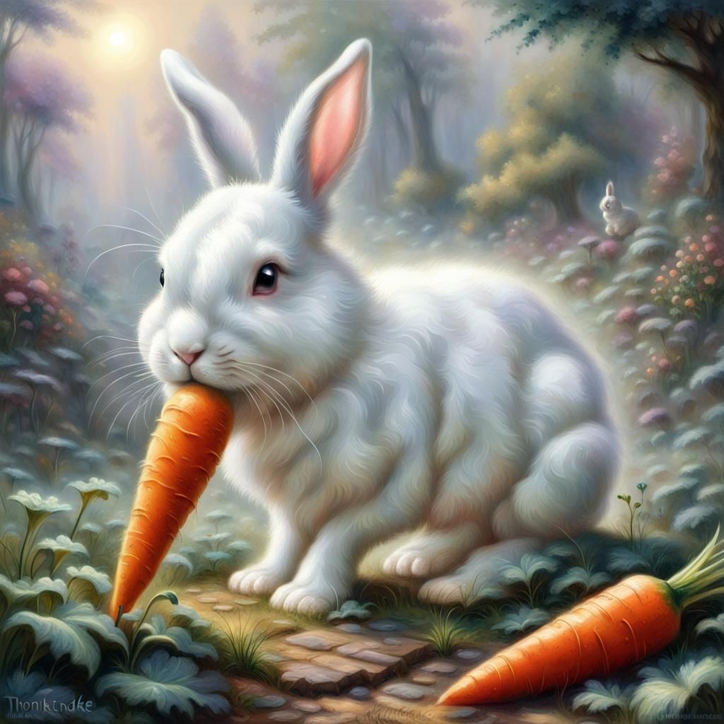 a little white bunny eats a carrot
