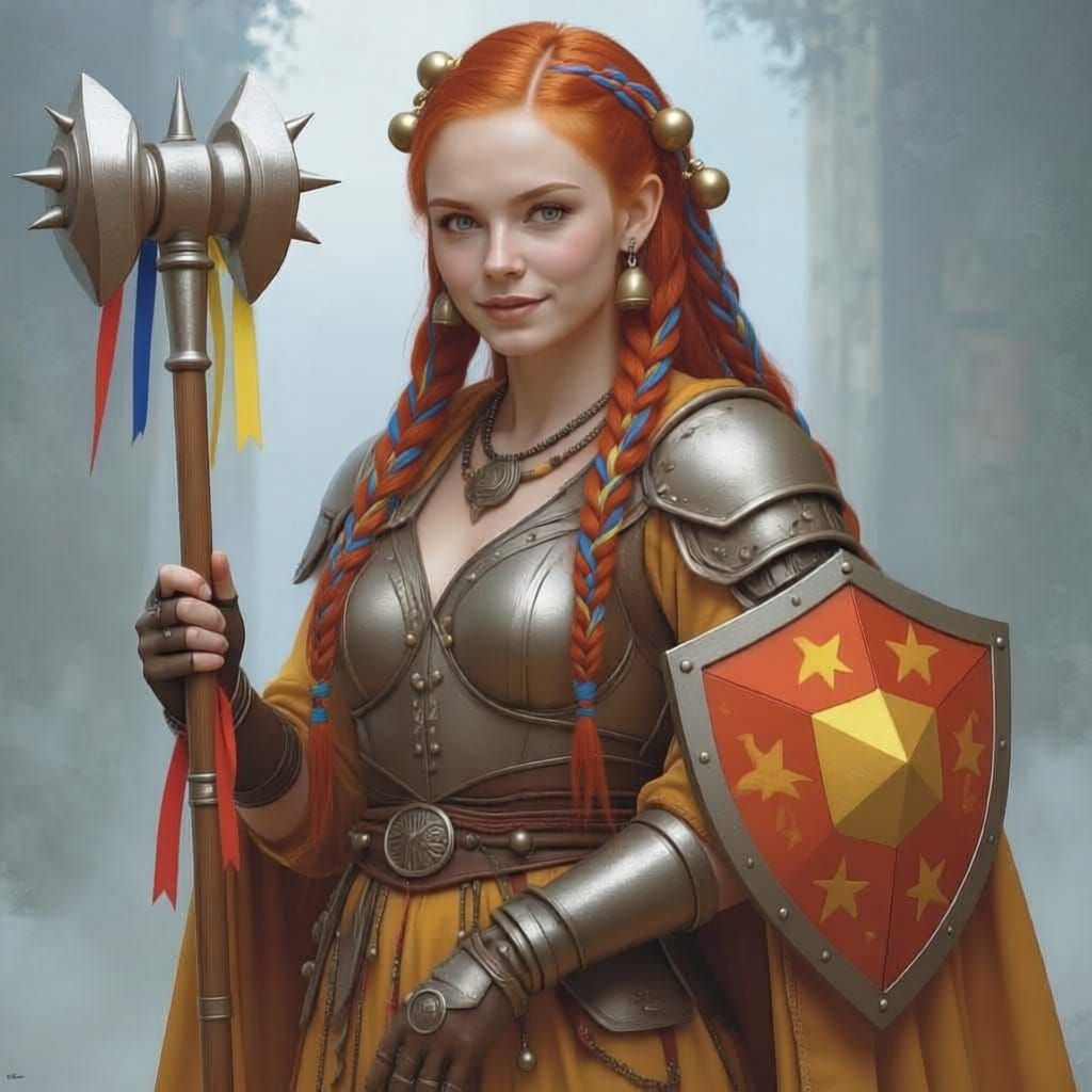 DND 3rd edition cleric of Lliira with red hair and piercing blue eyes, wearing splintmail and wielding a morningstar. her shield is a small ...