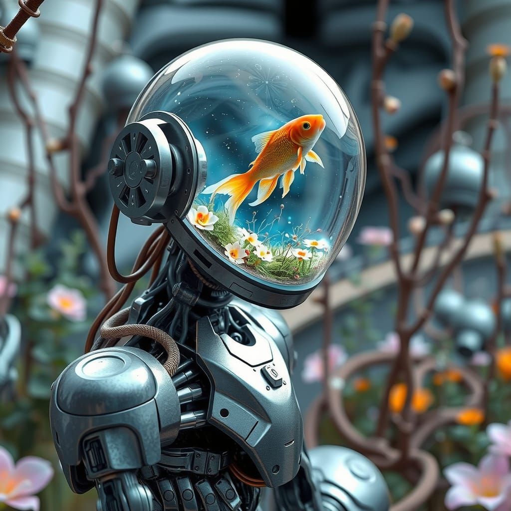 A robot with slender titanium limbs and copper filaments, its head a polished crystalline glass sphere ...  by @Open Mind Lover 