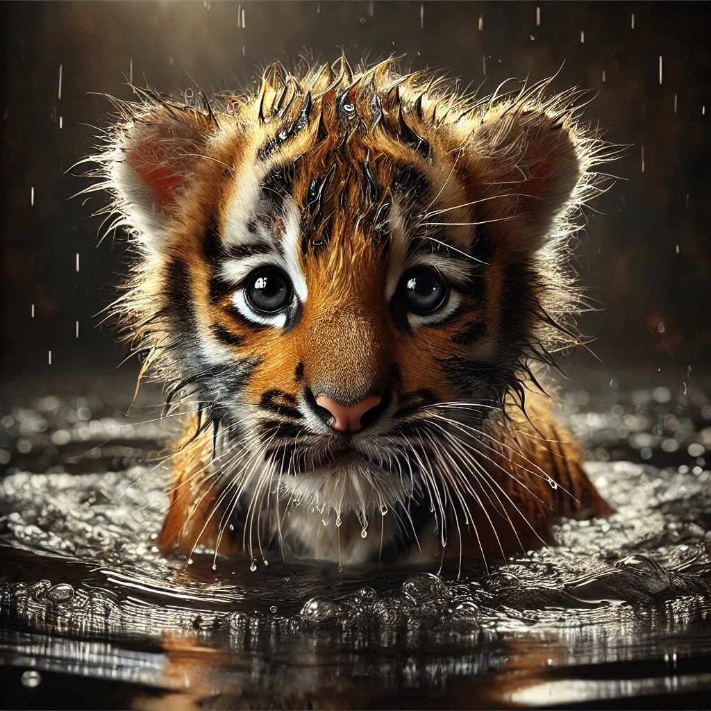 Baby Tiger Emerging From Water | DALL-E 3 AI image prompt in...