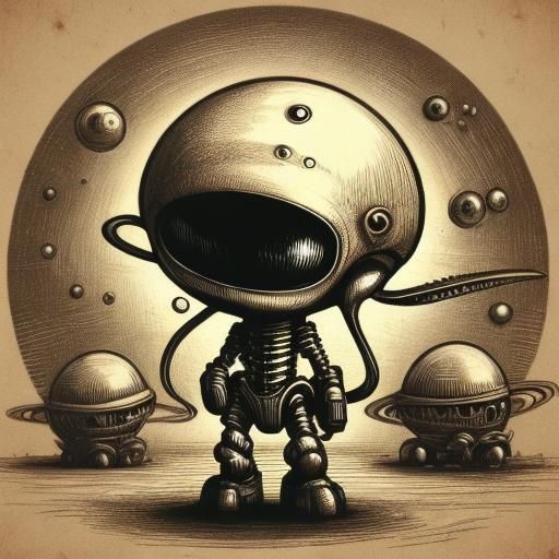<lora:Vintage Sketch DS8:1.0> An alien standing in front of a round spaceship.  Sketch art. Vintage. Sepia. 