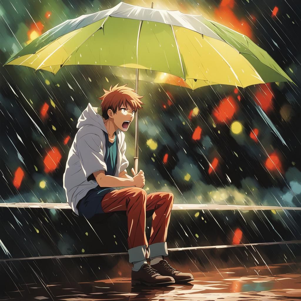 A lonely man standing in the rain and screaming in pain