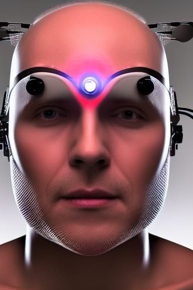 "Man with electrodes in his head, electrical contacts on his bald head, screaming, future technologies A futuristic crea...