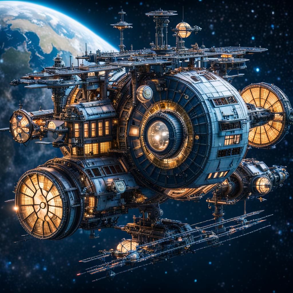 Steampunk space station in the year 1921 in orbit