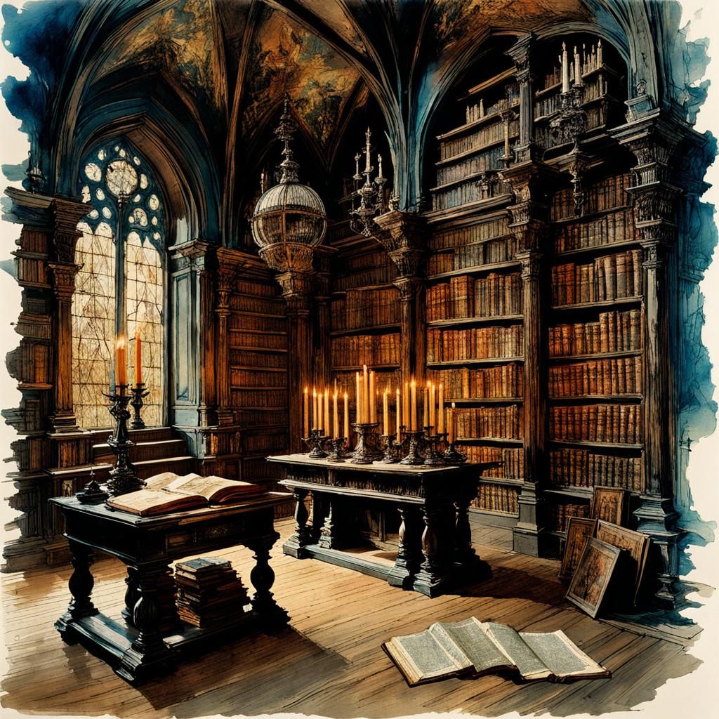 ancient monastery library, with maps, globe and many candles...