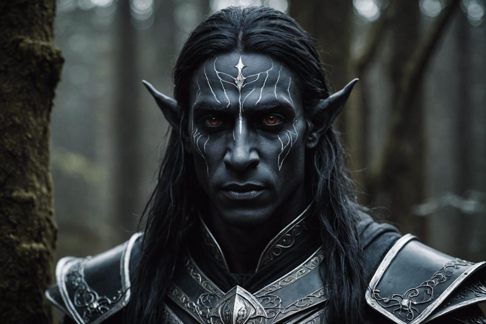 Finn Uderdark, male dark elf, drow, pitch black skin, long h...