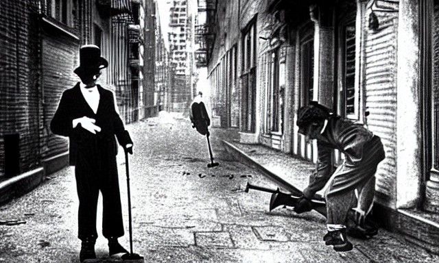 Charlie Chaplin as the tramp on crutches and a homeless girl...
