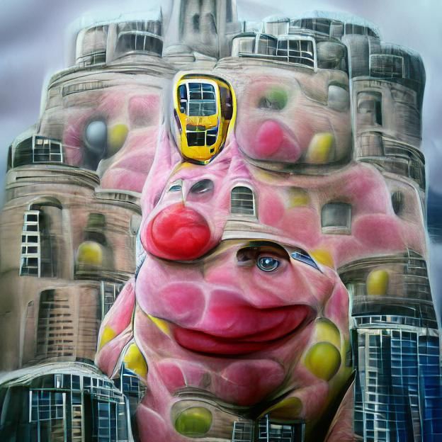 Mr Blobby towers over a city hyperrealism