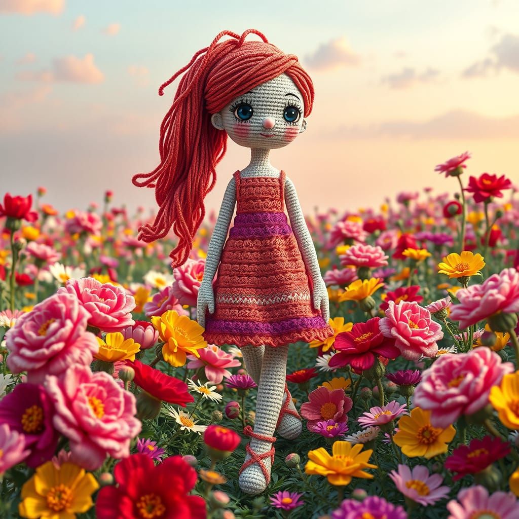 Surreal Flower Field Scene with Crocheted Girl