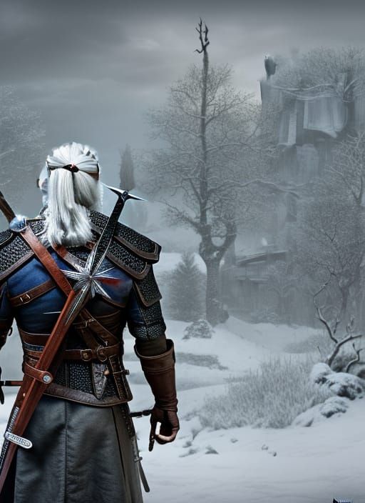 Ciri and Geralt stand together in winter from Witcher series...