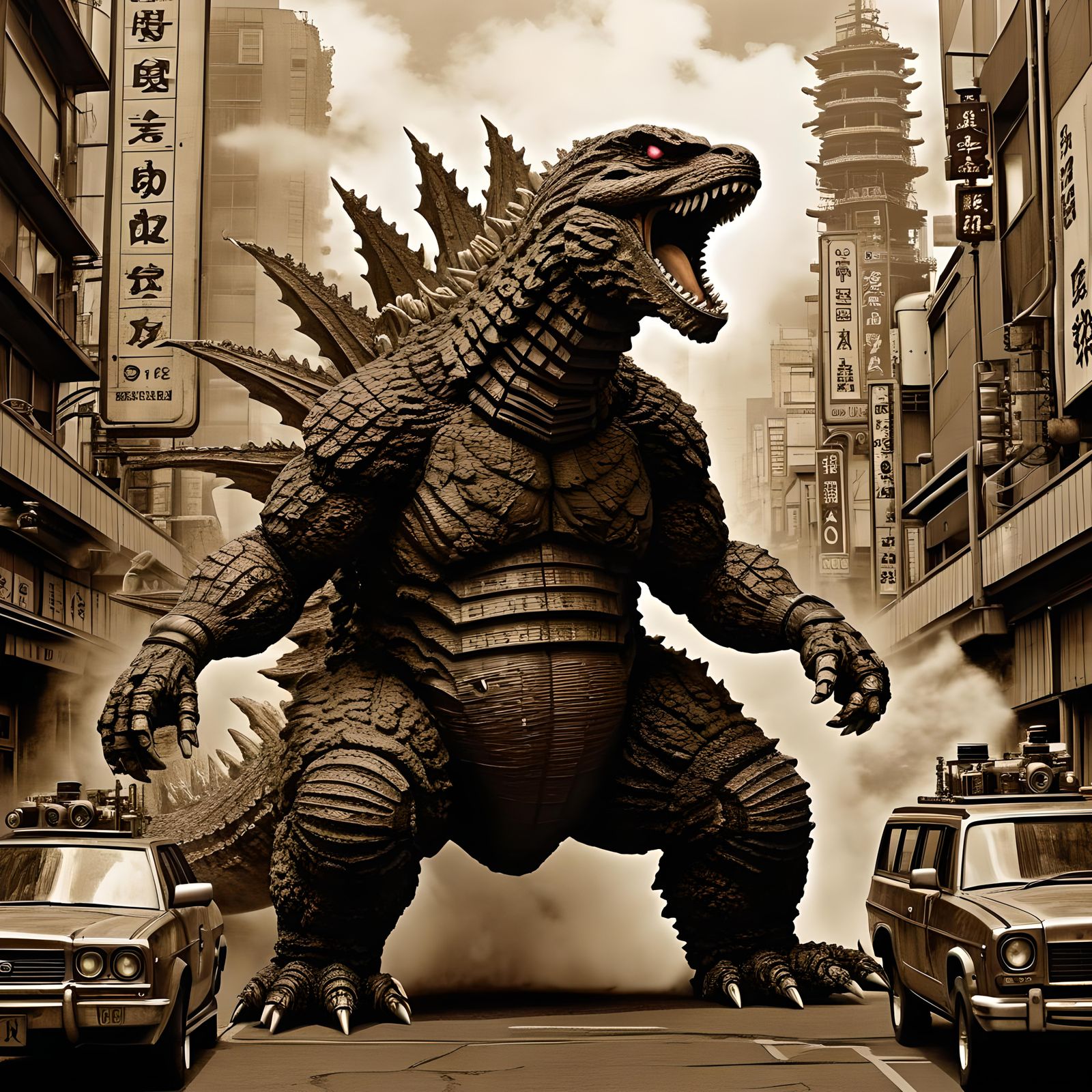 Sepia art illusion Godzilla rampage Tokyo steampunk action vintage ...