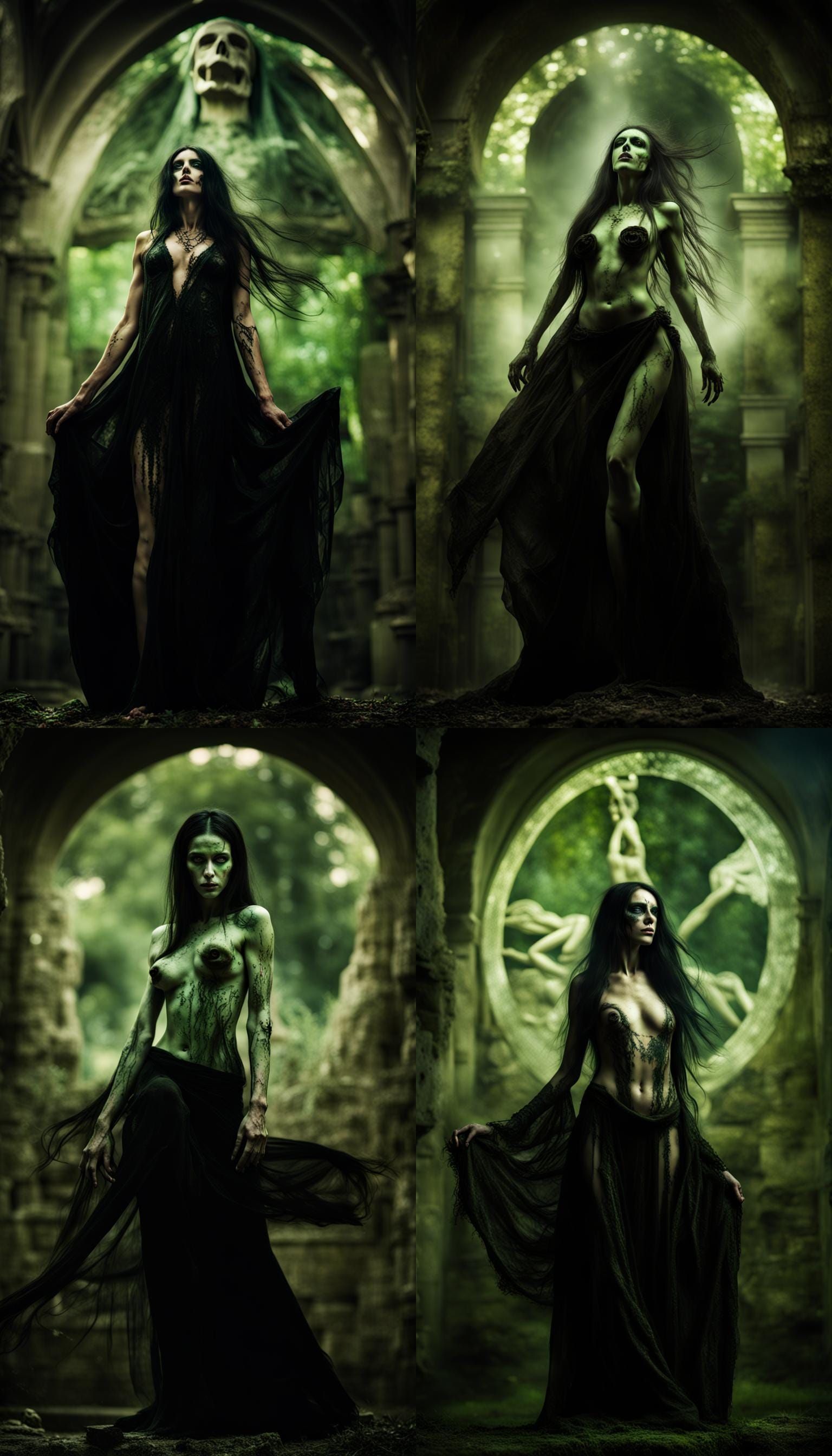 incredibly beautiful nakedwoman Death witch with nudism in a Necropolis, green magic aura