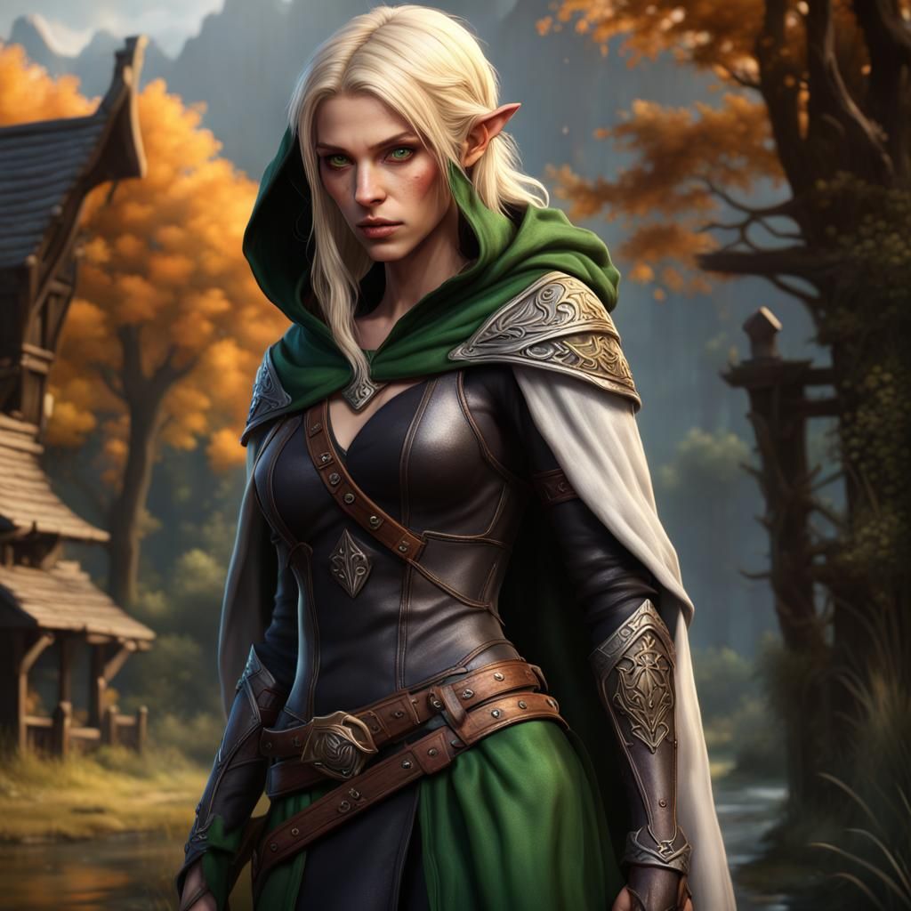 Hooded Rogue that's a Female Half-Elf with blonde hair and green eyes ...