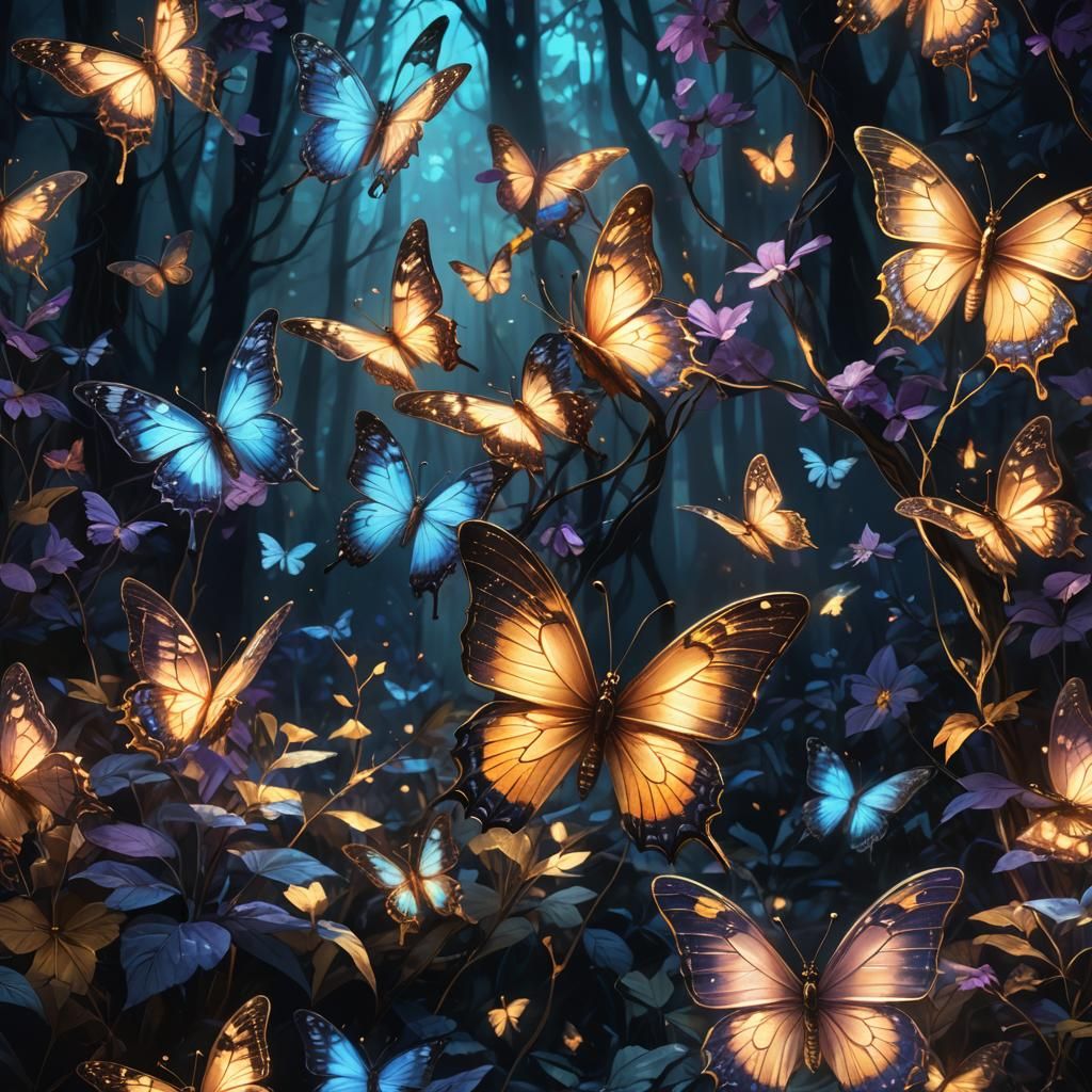 Enchanting Bioluminescent Butterflies in Dark Fantasy Forest