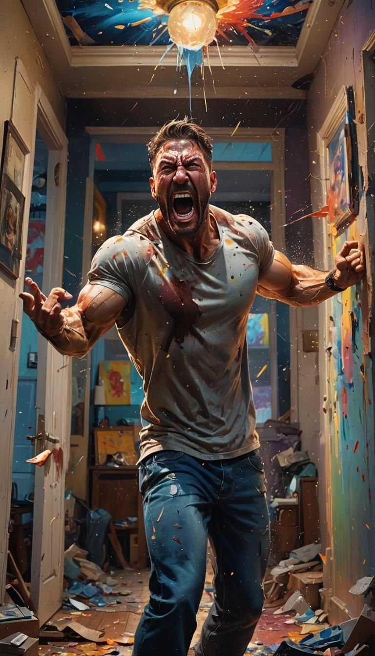 man, inside house, night, shouting, muscular