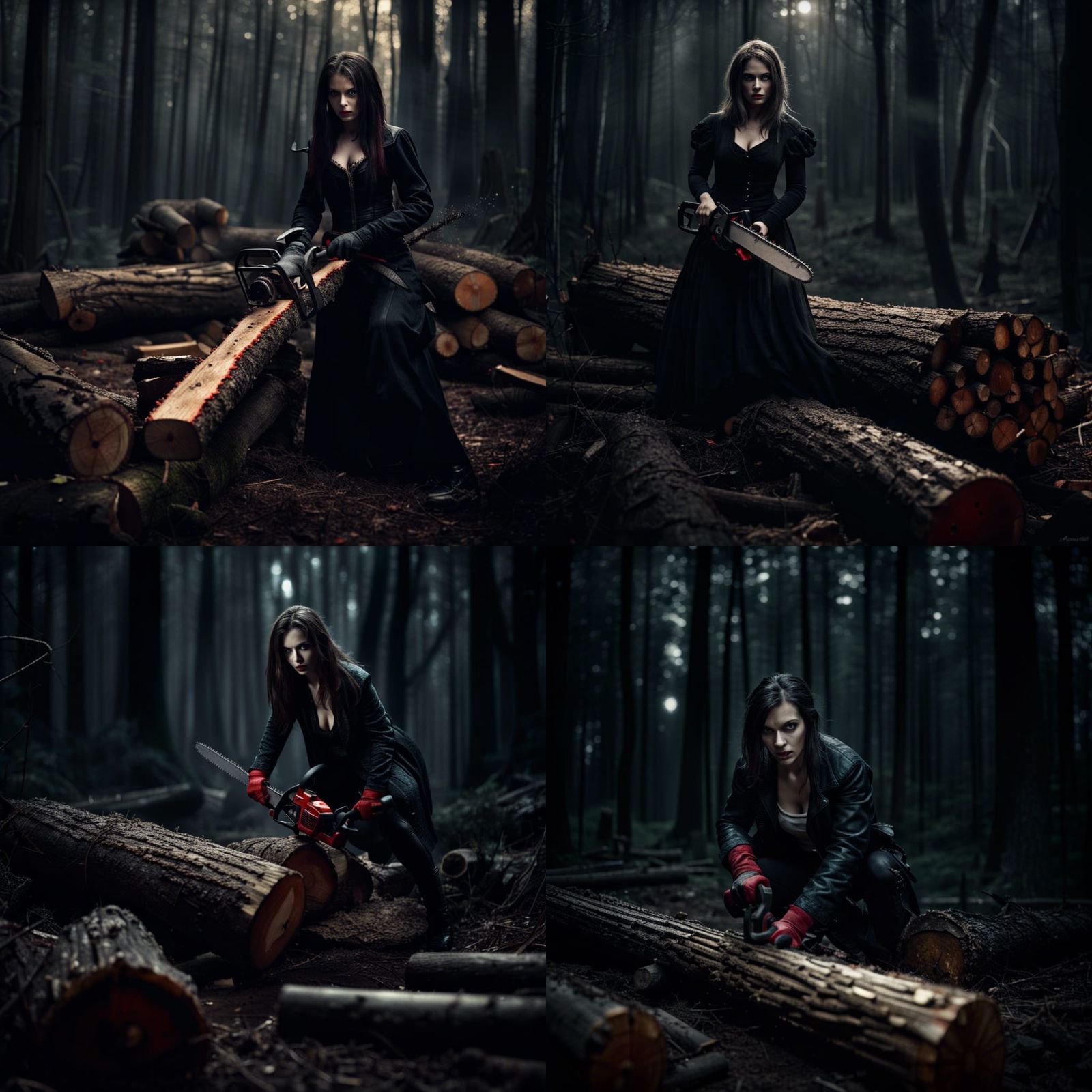 Full shot wide shot long shot female vampire in dark forest ...