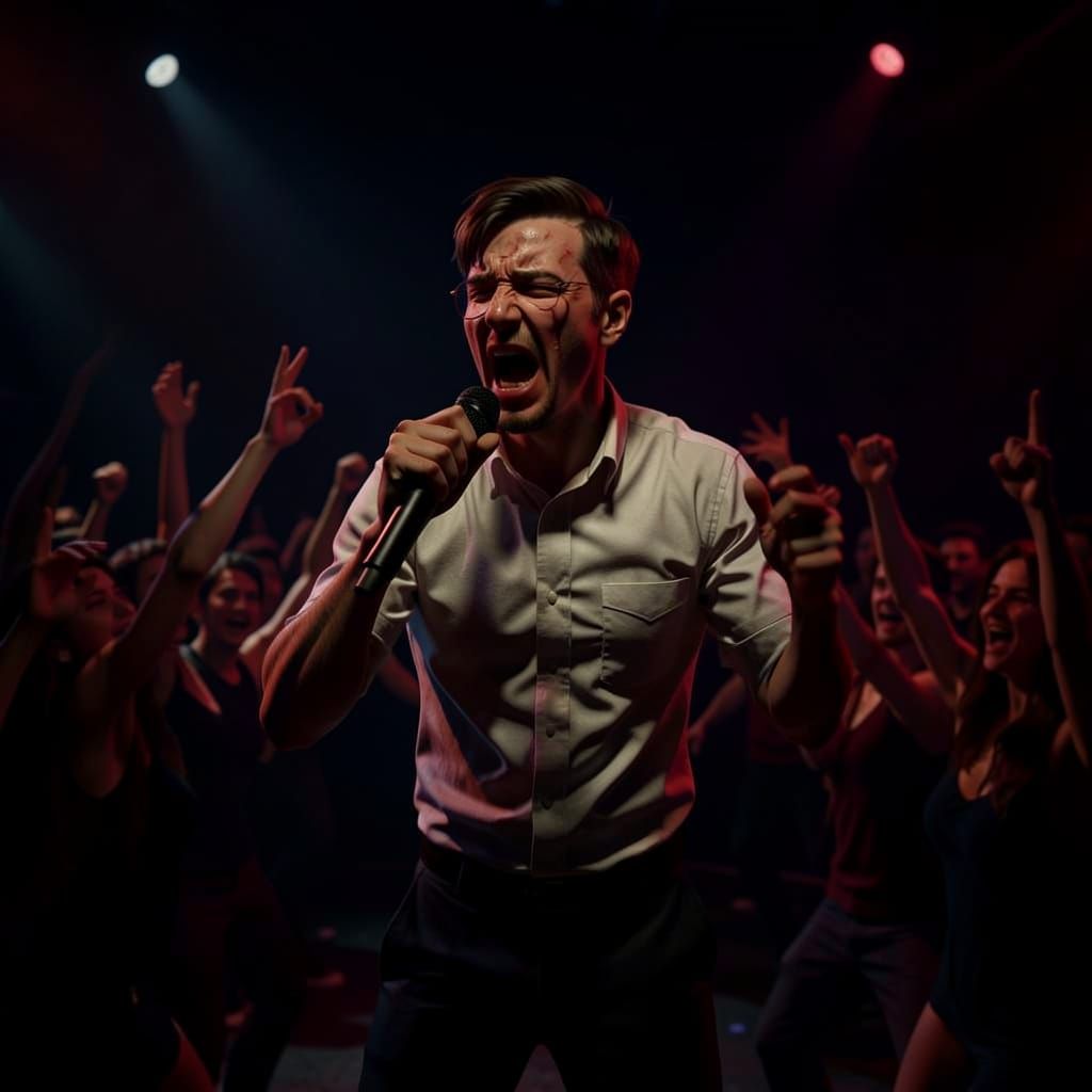 Male Singer Screaming on Stage, Crowd Dancing Powerfully