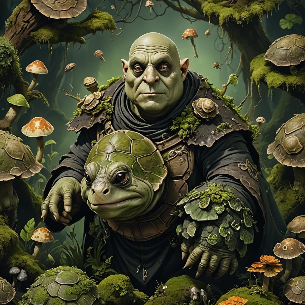 Create a character portrait of Tonkle Fester, a Tortle Spore...