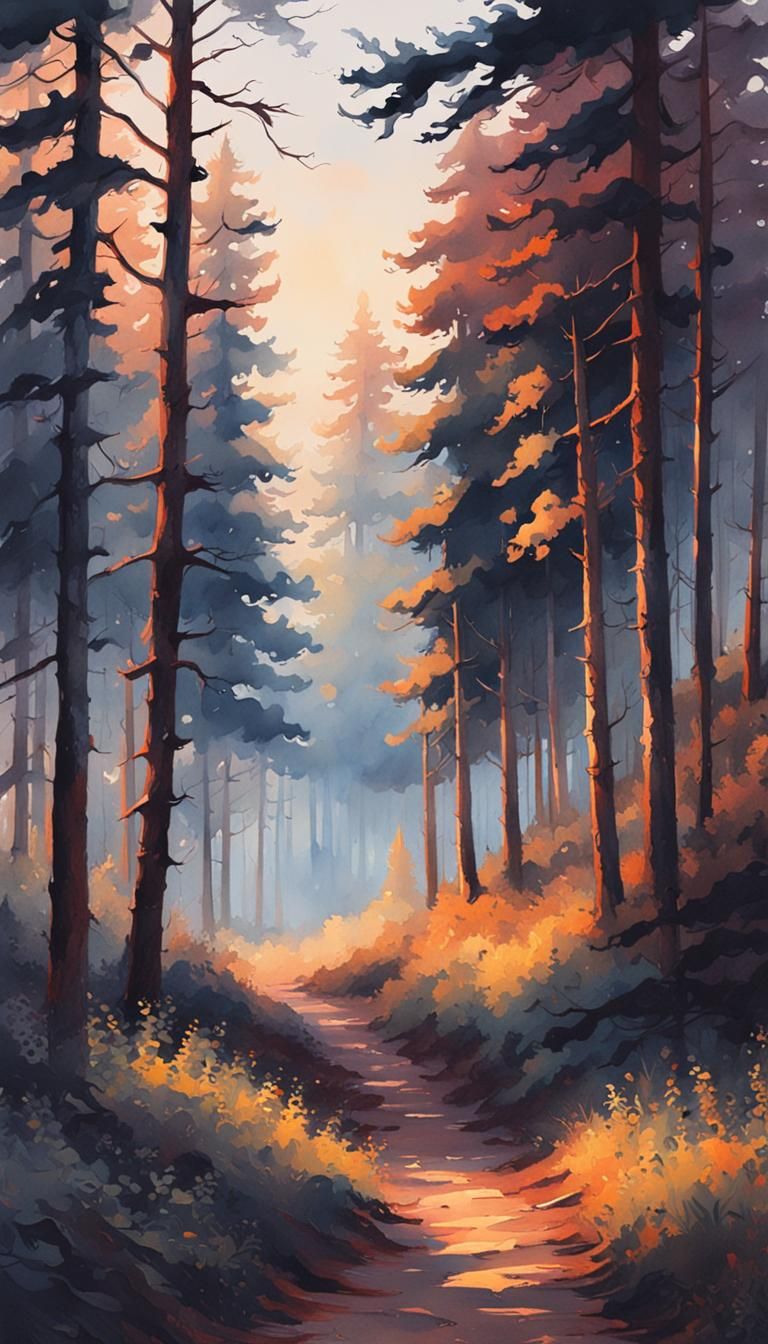 Sunset Forest Path Watercolor Painting