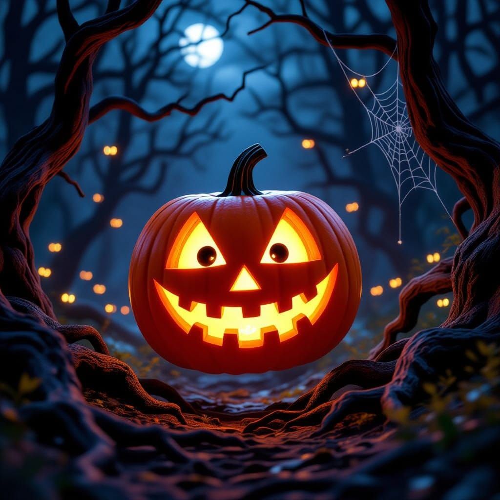 Photographic scene of a pumpkin bouncing towards the viewer, it has a face, its eyes big delighted triangle shaped holes and a big zigzag gr...