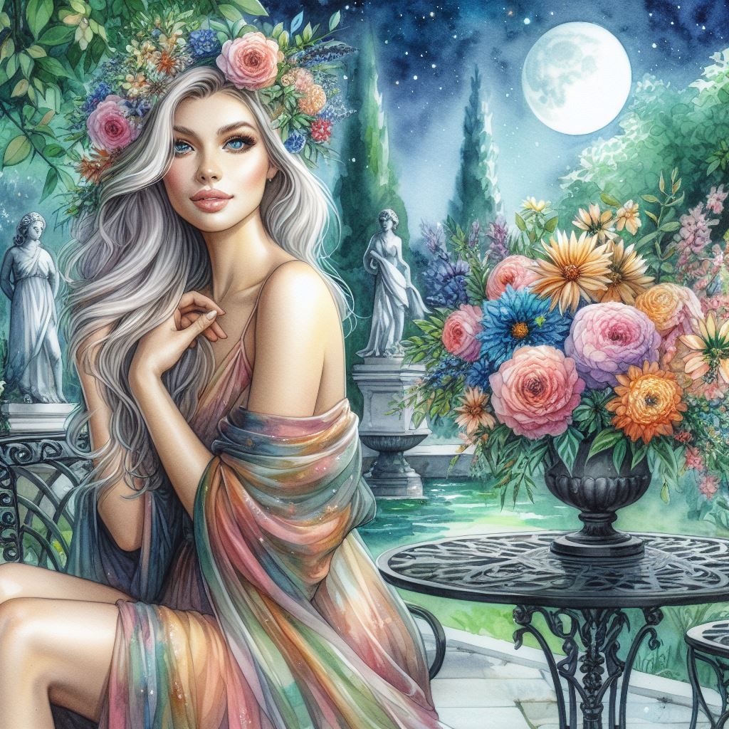 Beautiful Woman in Garden at Night