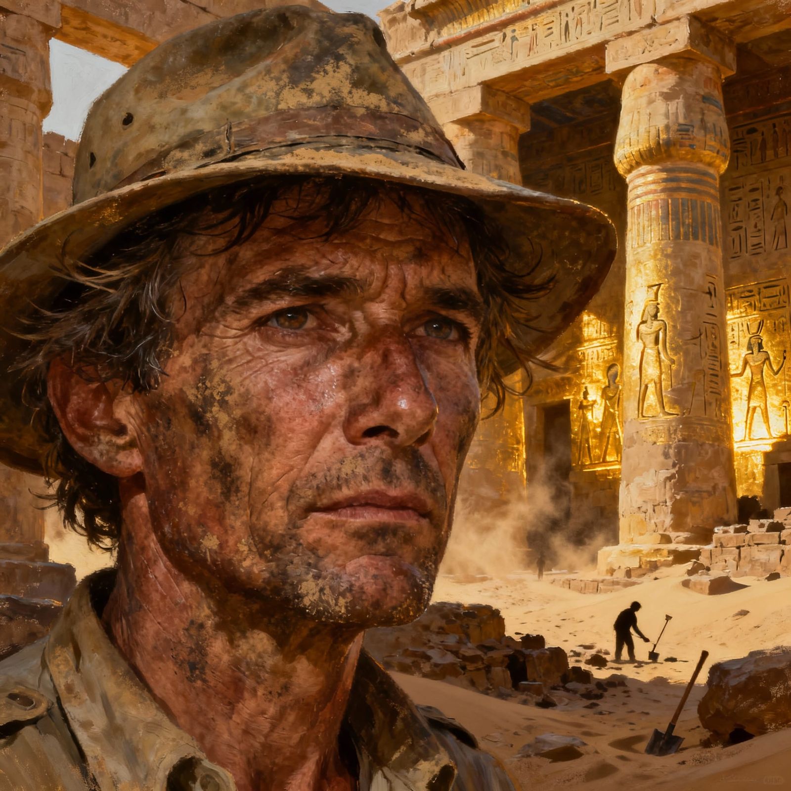 Archaeologist Portrait with Ancient Egyptian Site Overlay