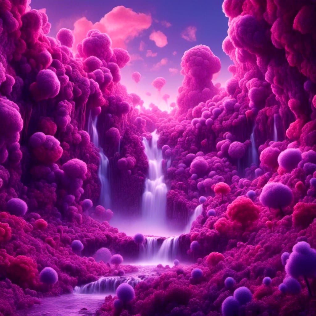 purple waterfall, afrofuturism, colorful, 8d