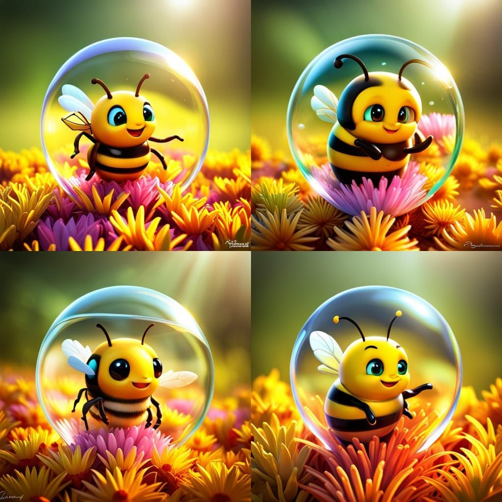 a very detailed cute bumble bee inside of a glass bubble, filled with ...