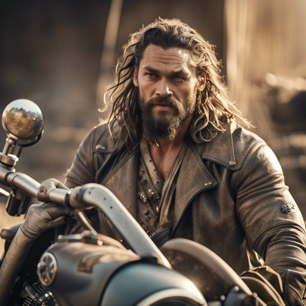 Jason Momoa raider on old Harley davidson motorcycle, in a w...