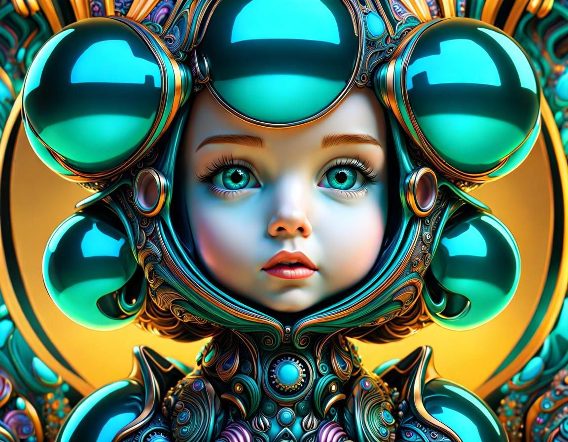 Blown Glass cyberpunk amber, black and teal adorable baby mermaid made