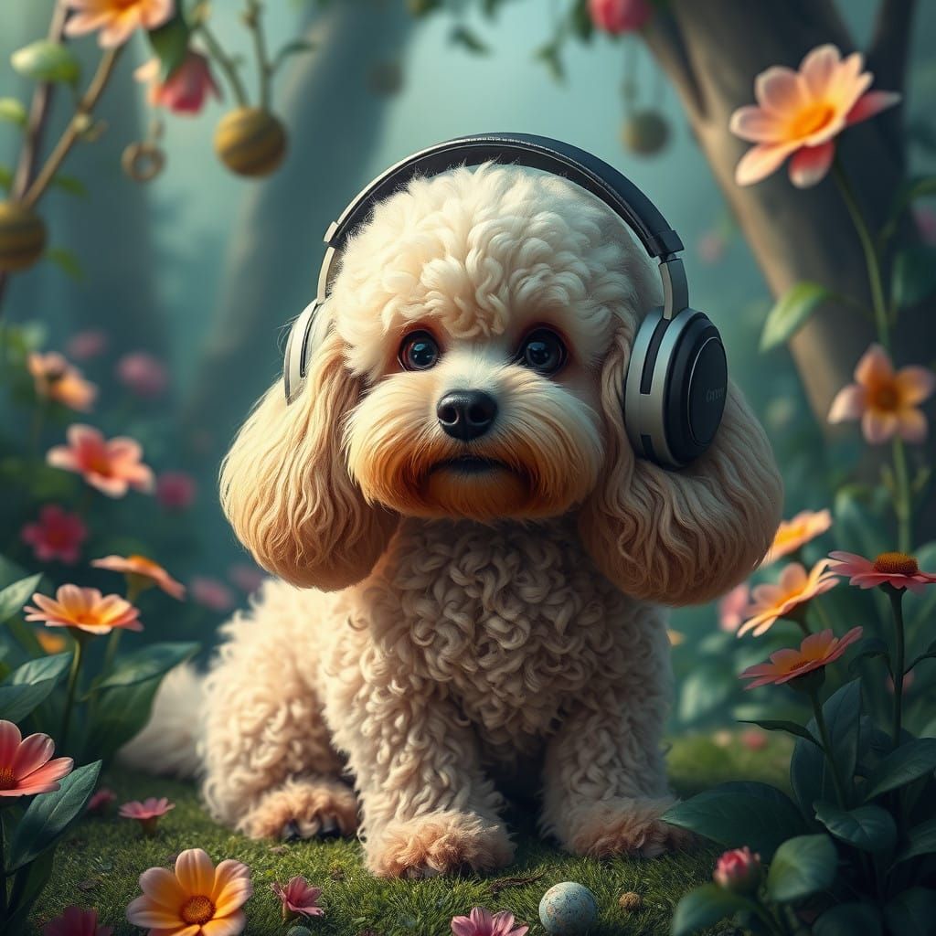 Poodle in Whimsical Wonderland, Lost in Musical Fantasy