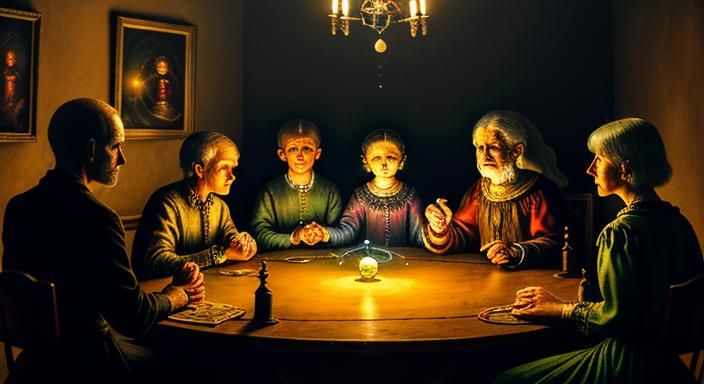 five people in a dimly lit old fashioned room sitting around...