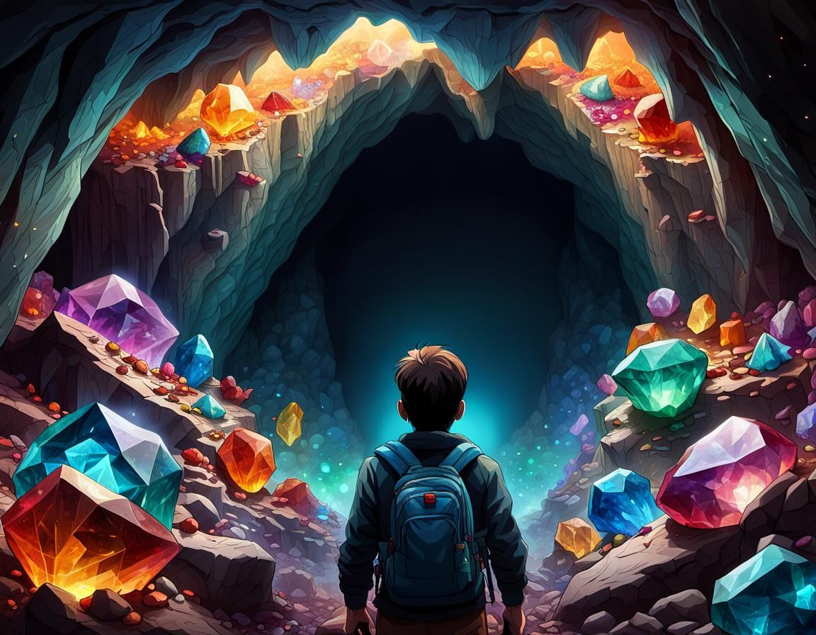 A giant underground cavern filled with colorful crystals and gemstones ...