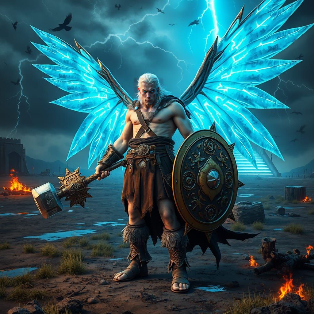 My 5e D&D Character, an Aasimar Barbarian with Warhammer and Shield