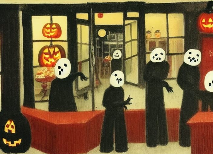 The spooky Halloween ghosts invade the local chip shop at night, and