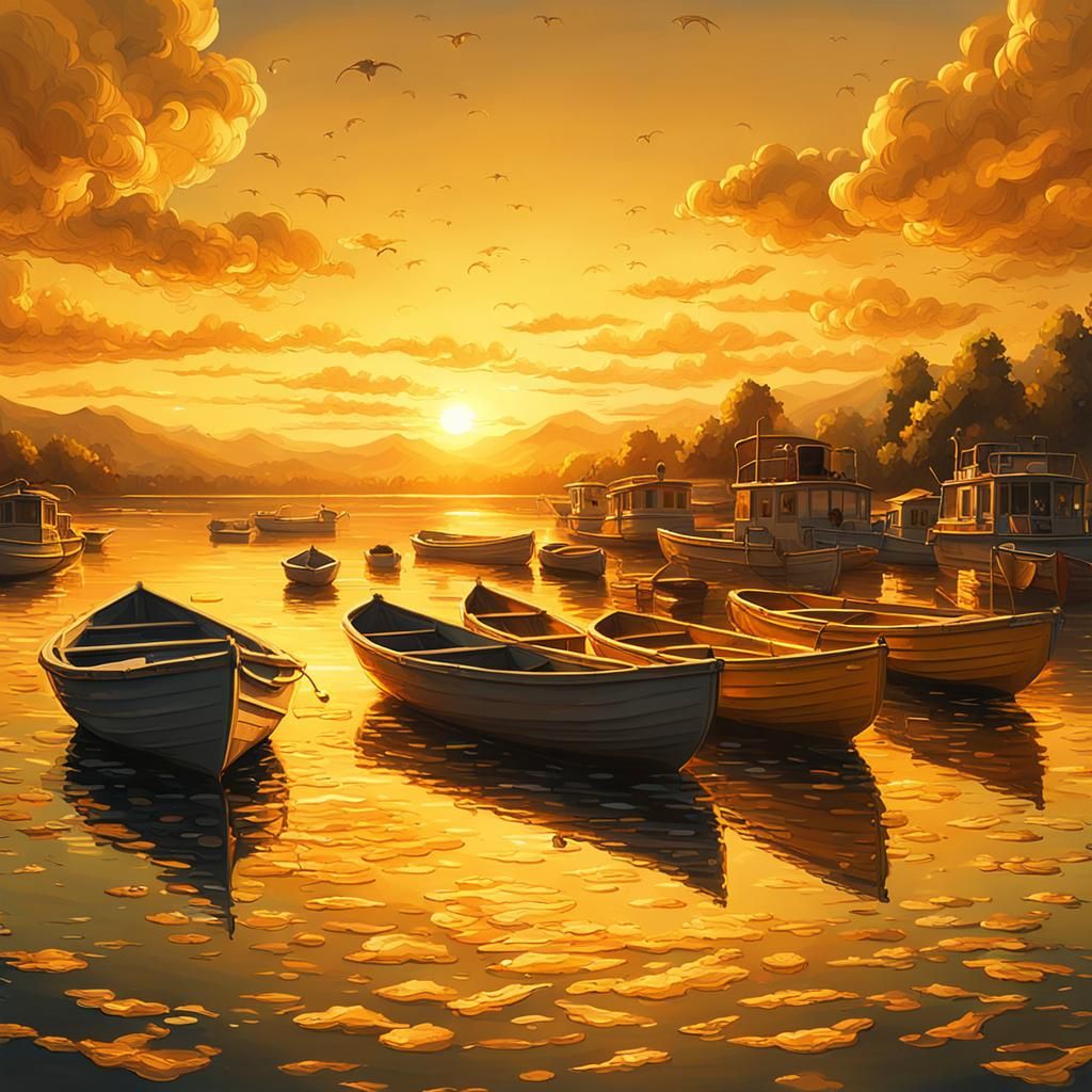 a golden sunset over a lake full of small yellow boats  by @GM61