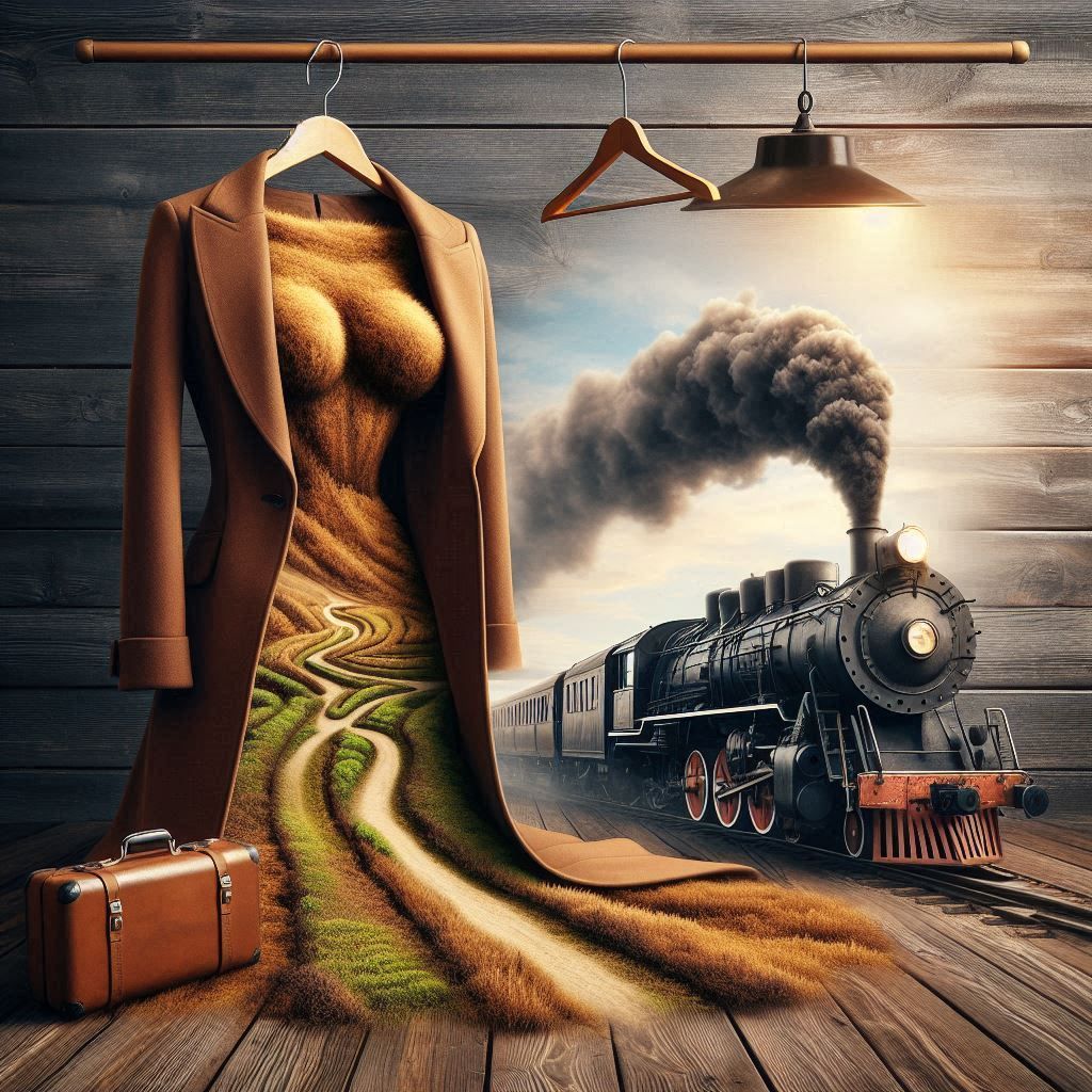 Brown coat and steam train