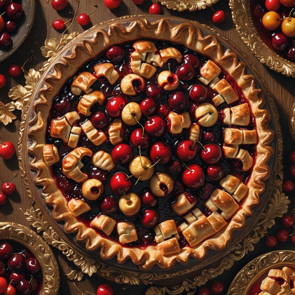Juicy Cherry Pie on Ornate Wooden Table