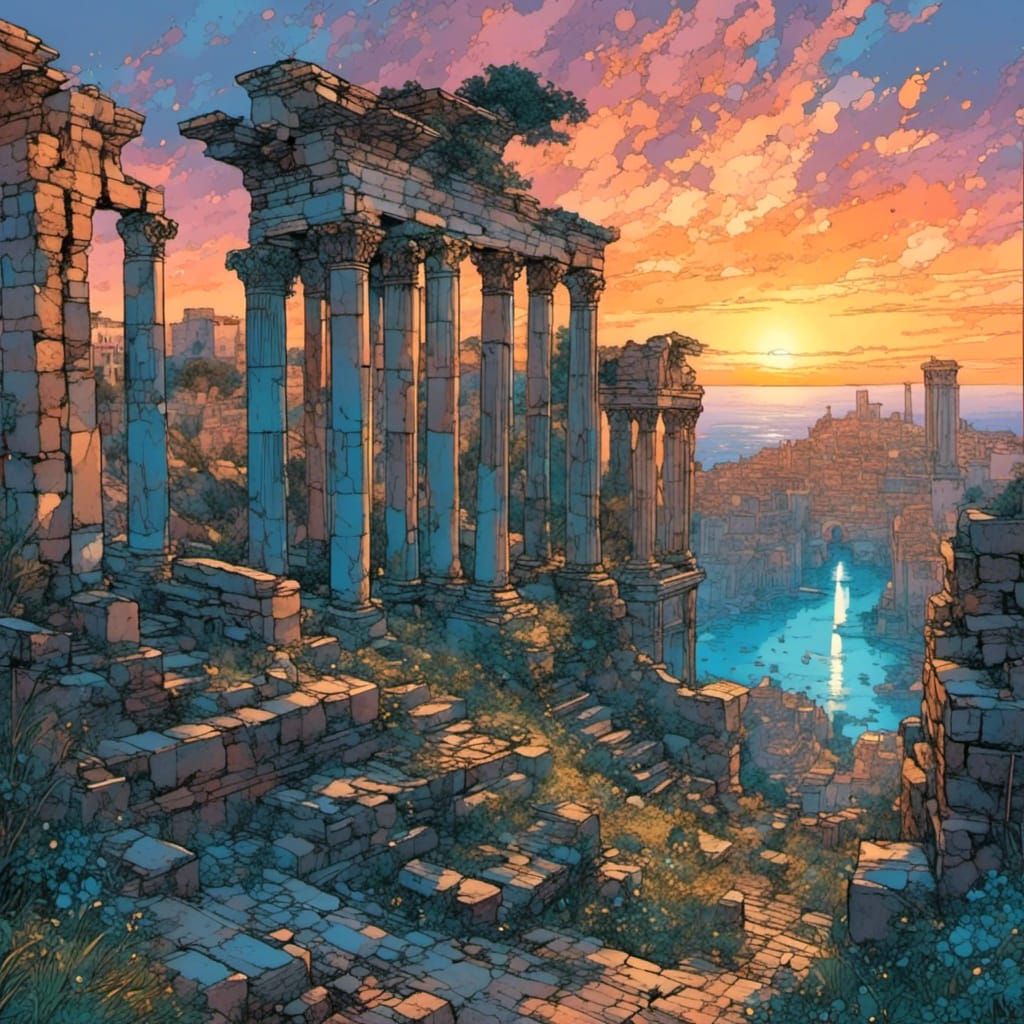 Roman ruins, blue hues sunset <lora:Inked:1.0> 