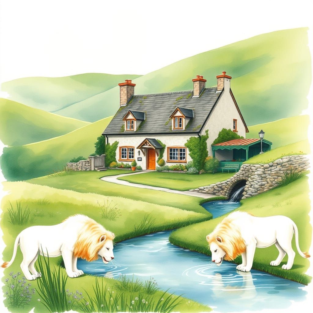 Irish Country House with White Lions in Watercolor
