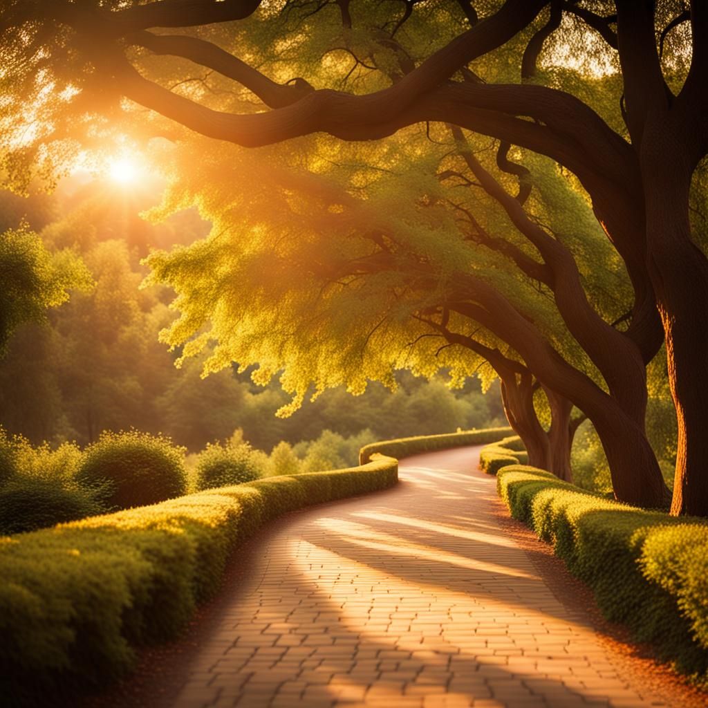 The sun bathes the wide, curving path in golden light as it ...