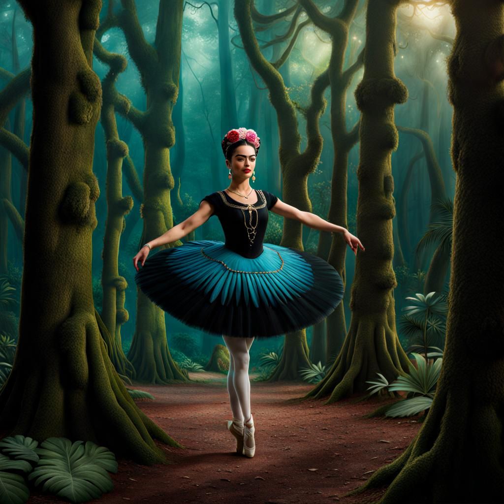 Ballerina, Enchanted forest, Dark academia, Frida Kahlo, Detailed Matte Painting  by @Moonlightseeker