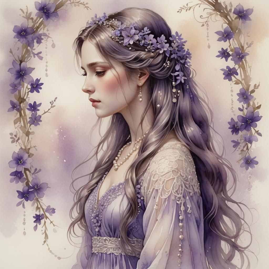 person with long, flowing hair adorned with small purple flowers and pearls, set against a soft, she ...  by @Anne Graham